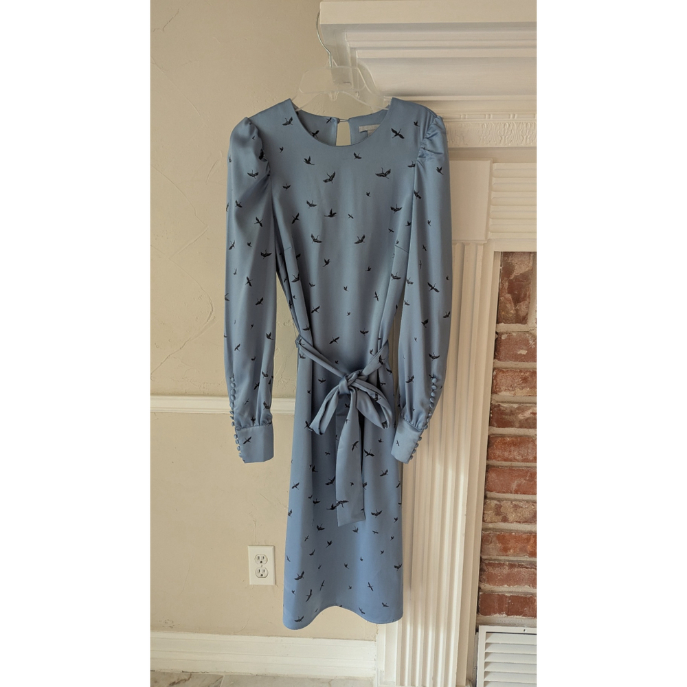 H&M Blue Bird Print Long Sleeve Tie Waist Midi Dress Size 6